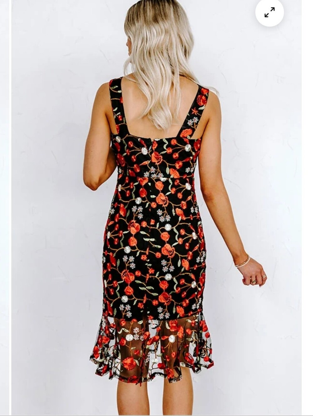 Impressions Women's Black Floral Embroidered Sheer Ruffled Midi Dress Sz M - Picture 3 of 12
